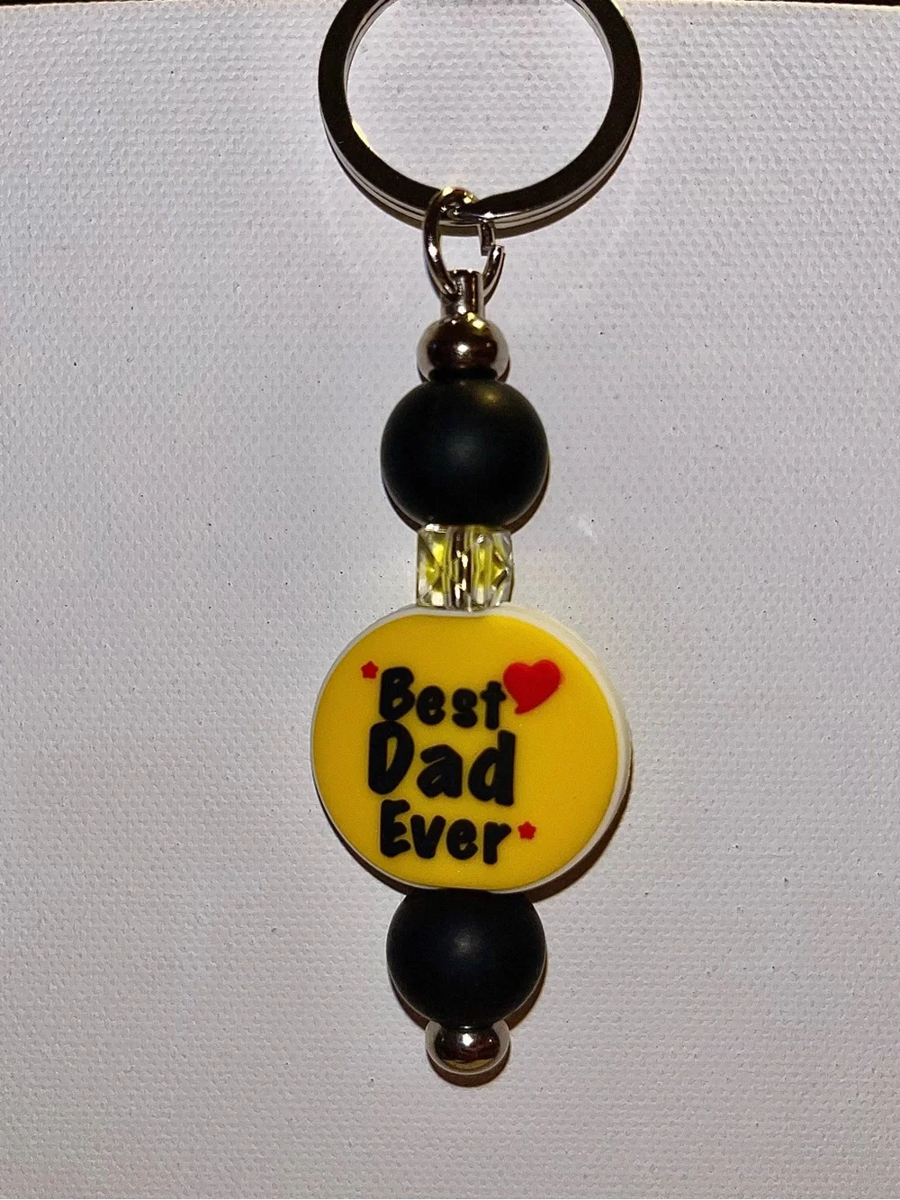 ‘Best Dad Ever’ Yellow Charm w/Red Heart & Yellow Faceted Accent Beaded Keychain